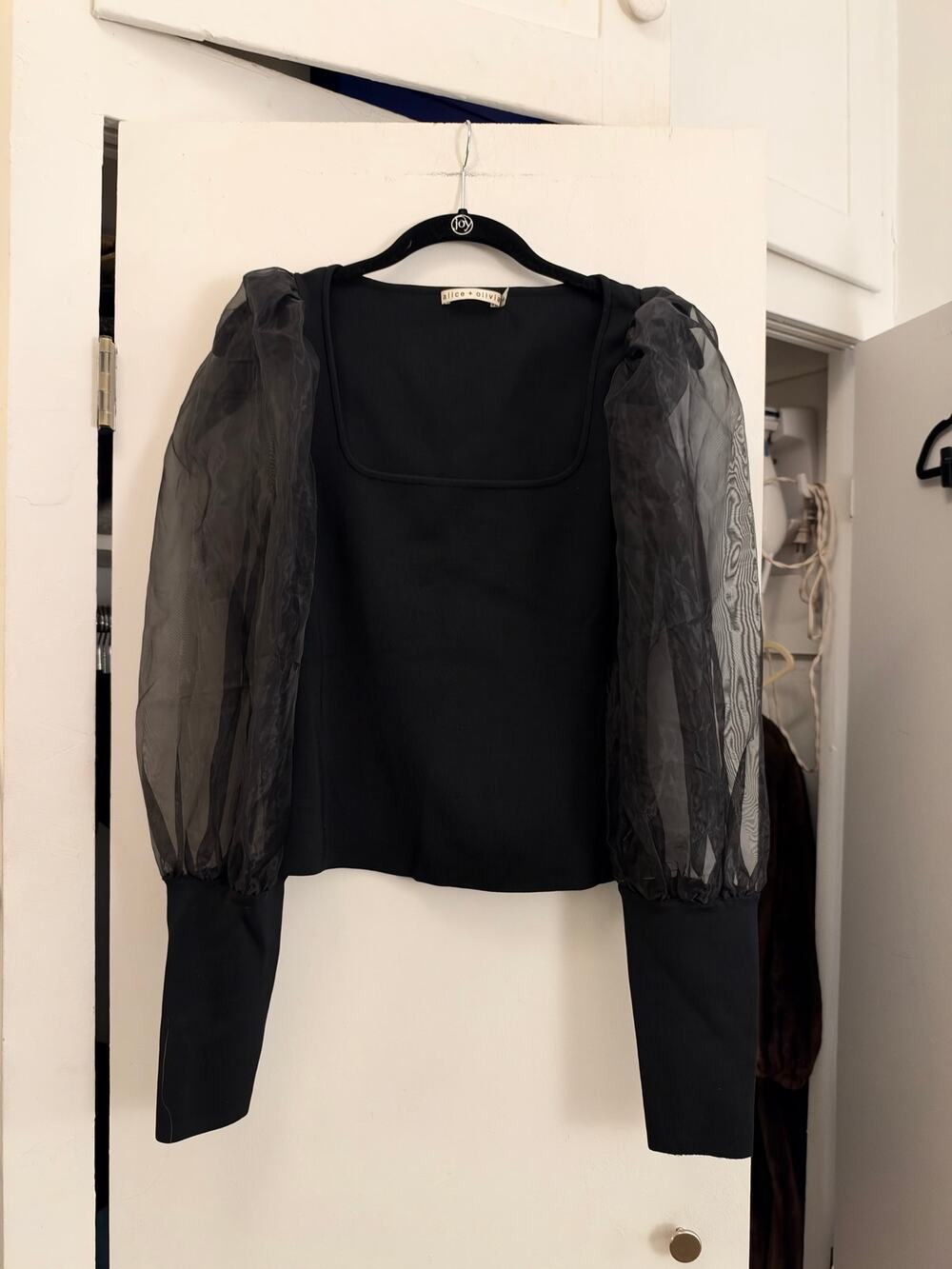 Alice + Olivia Black Sheer Puff Sleeve Square Neck Top XL